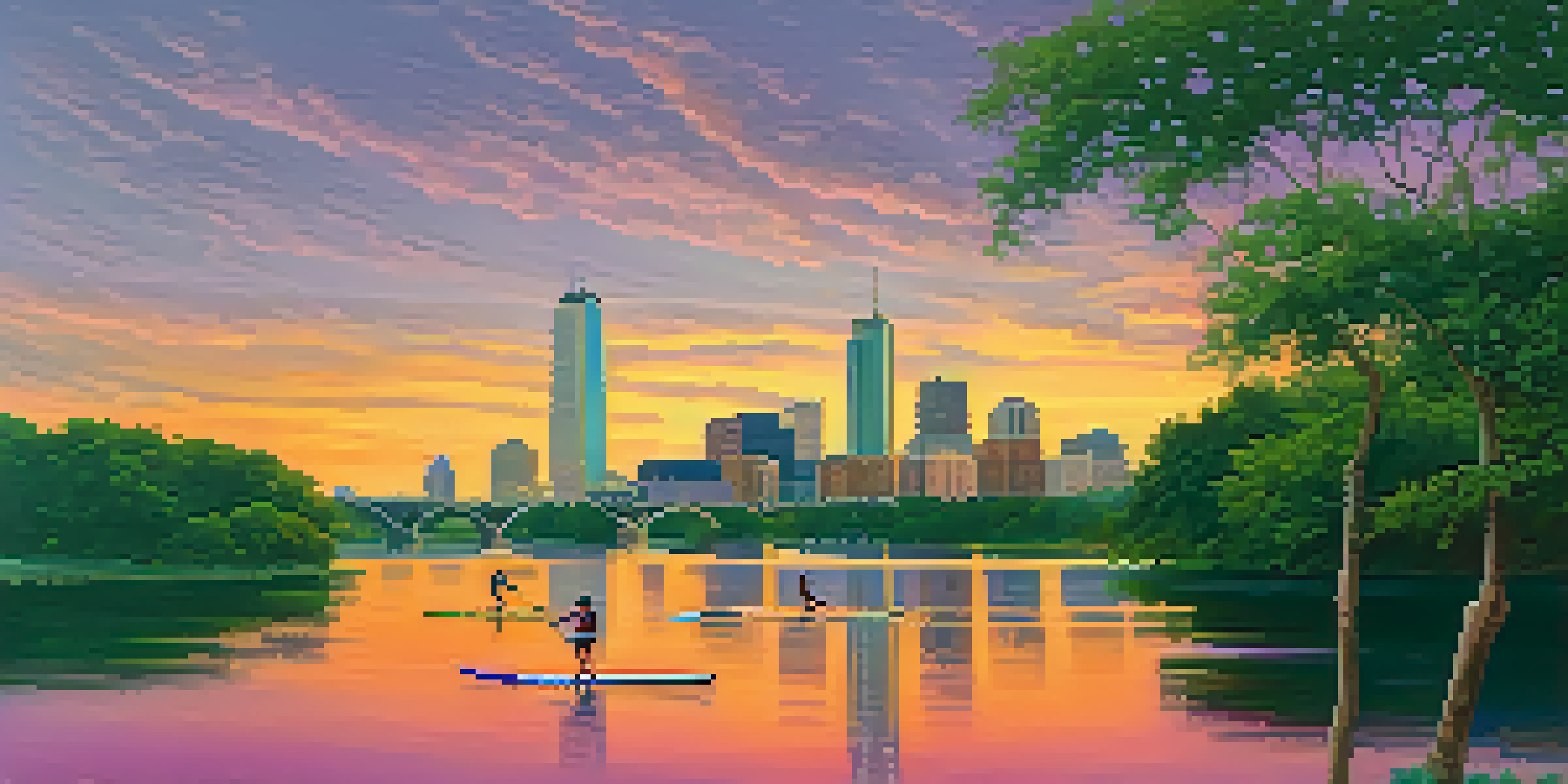 A sunset view of Lady Bird Lake in Austin, Texas, with paddleboarders on calm waters and the city skyline in the background.