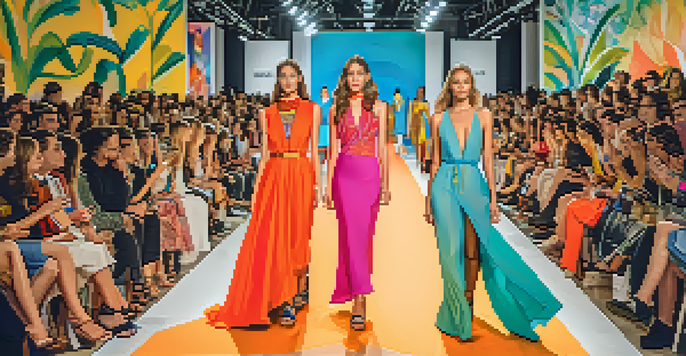 Models walking down a brightly lit runway at Austin Fashion Week, wearing colorful outfits, with an audience in the background.