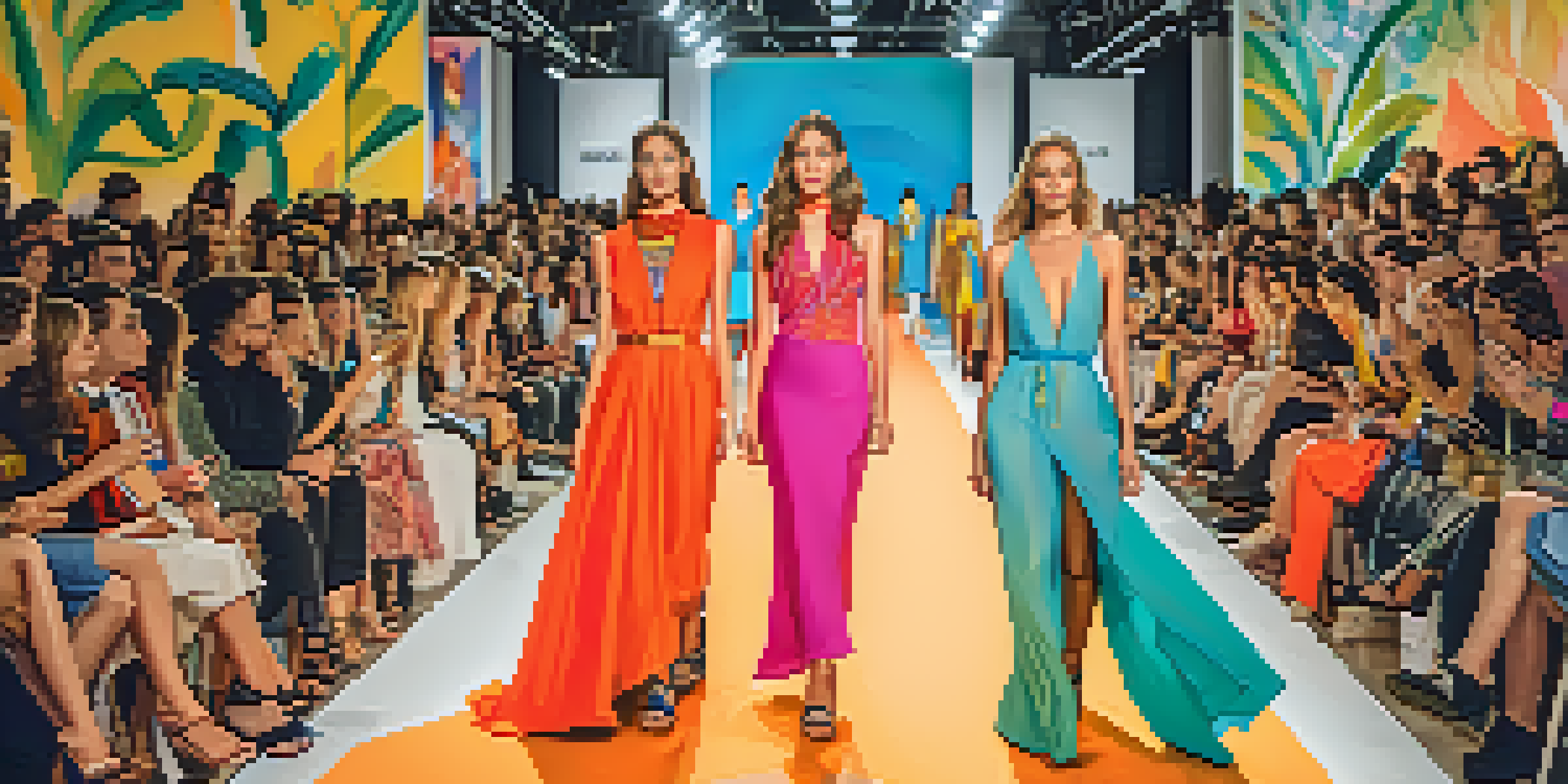 Models walking down a brightly lit runway at Austin Fashion Week, wearing colorful outfits, with an audience in the background.