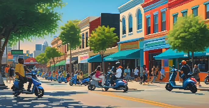 A busy downtown street in Austin with electric scooters parked and people riding them, surrounded by colorful murals and trees during sunset.