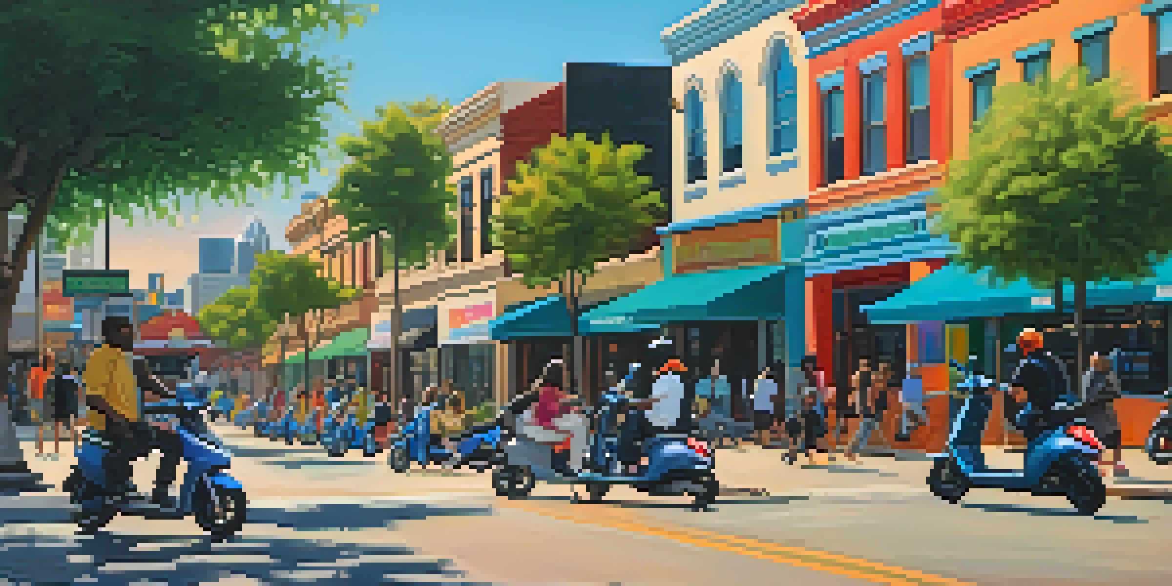 A busy downtown street in Austin with electric scooters parked and people riding them, surrounded by colorful murals and trees during sunset.