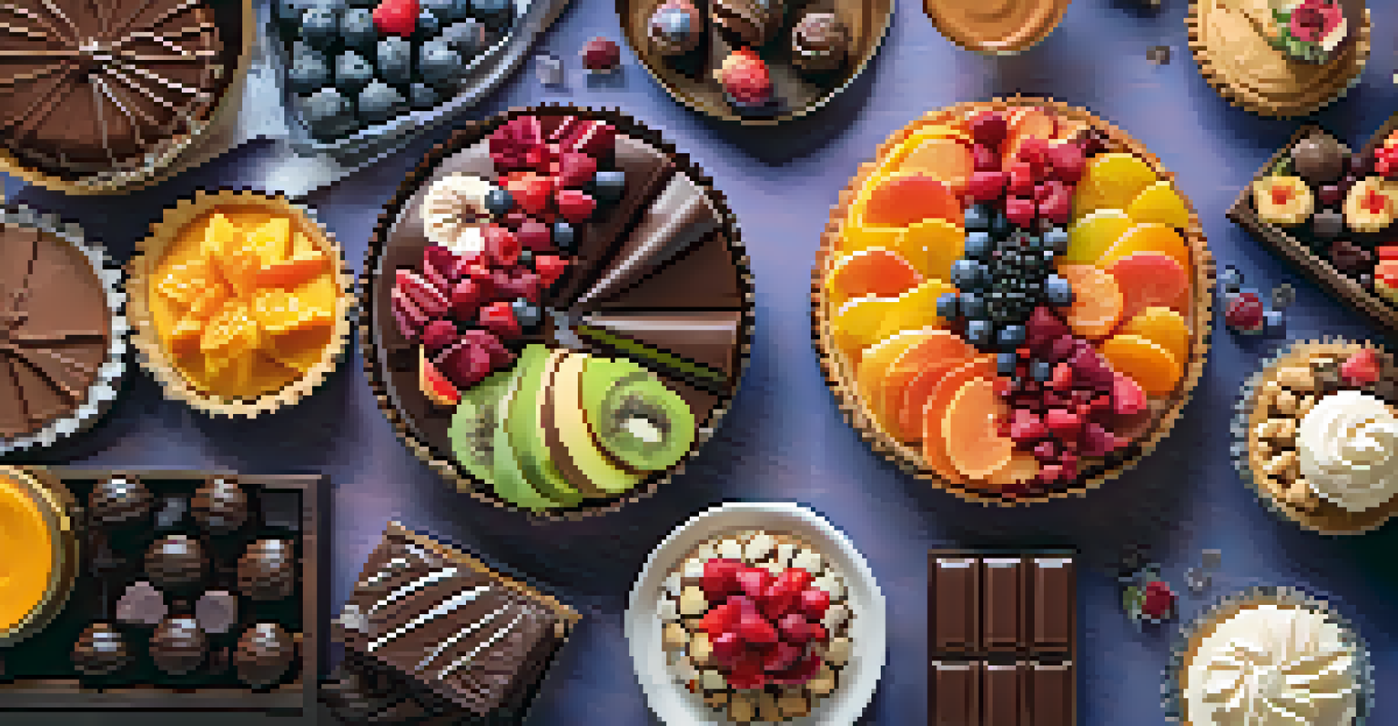 An elegant dessert display with chocolates, pastries, and fruit tarts arranged artfully on a table.