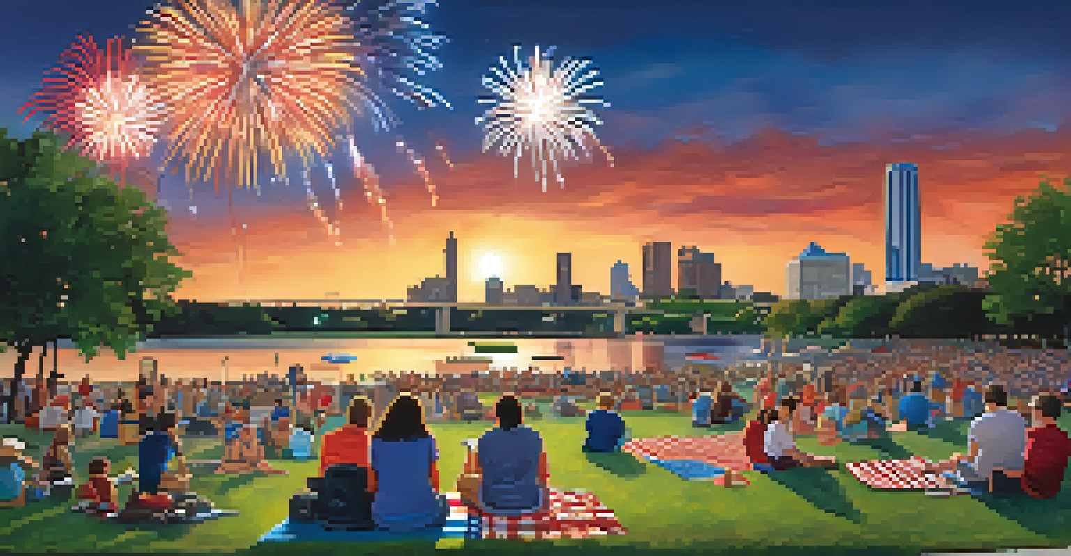 Families relaxing at the Austin Fourth of July Festival with a colorful sunset and fireworks in the background.
