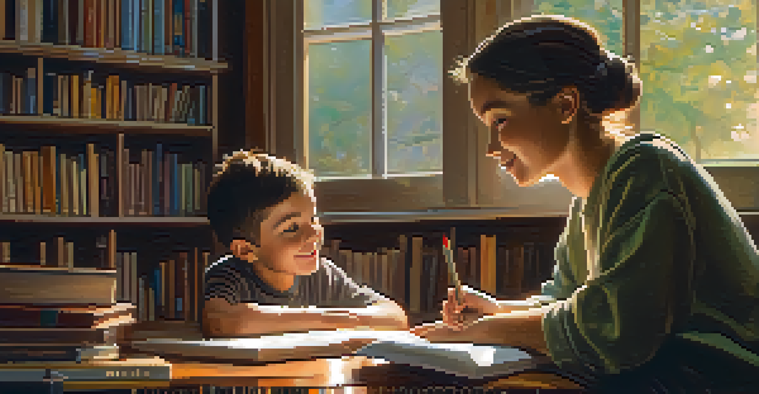 A mentor and a child engaged in conversation in a cozy room filled with books and art supplies, illuminated by soft warm light.