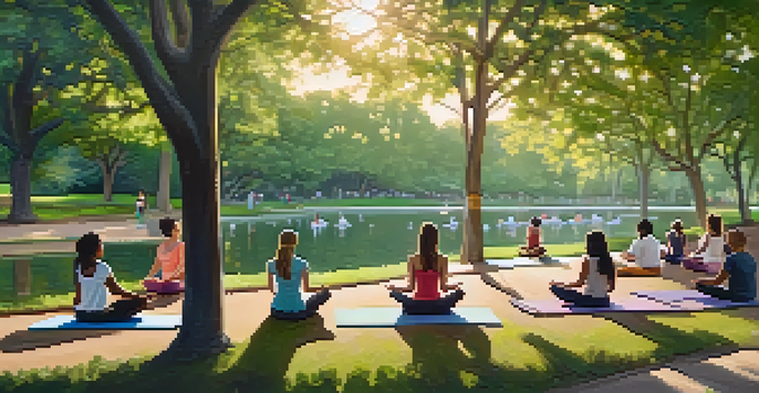 A calm park in Austin with diverse individuals practicing yoga and meditation under the warm glow of the setting sun.
