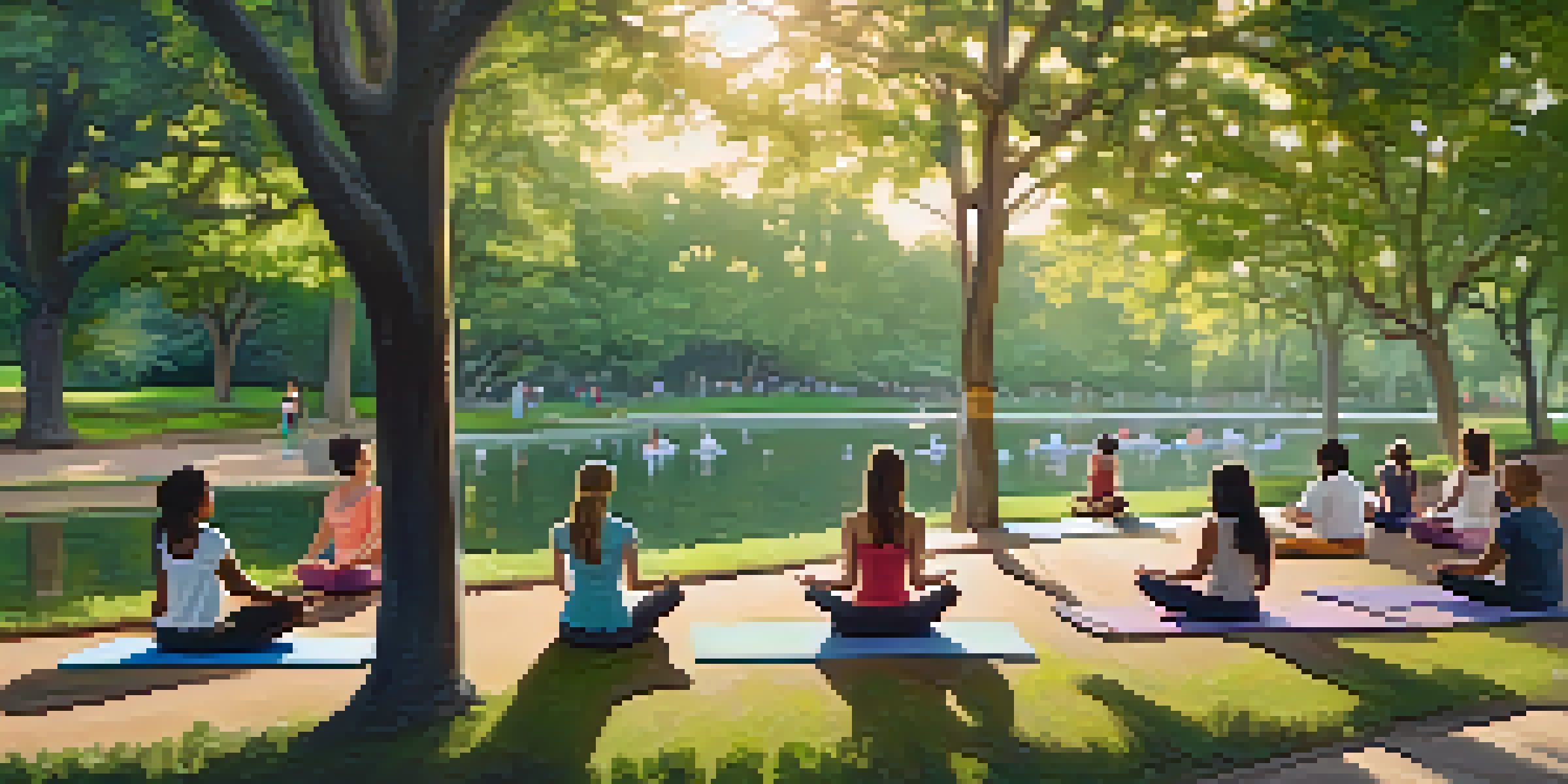 A calm park in Austin with diverse individuals practicing yoga and meditation under the warm glow of the setting sun.