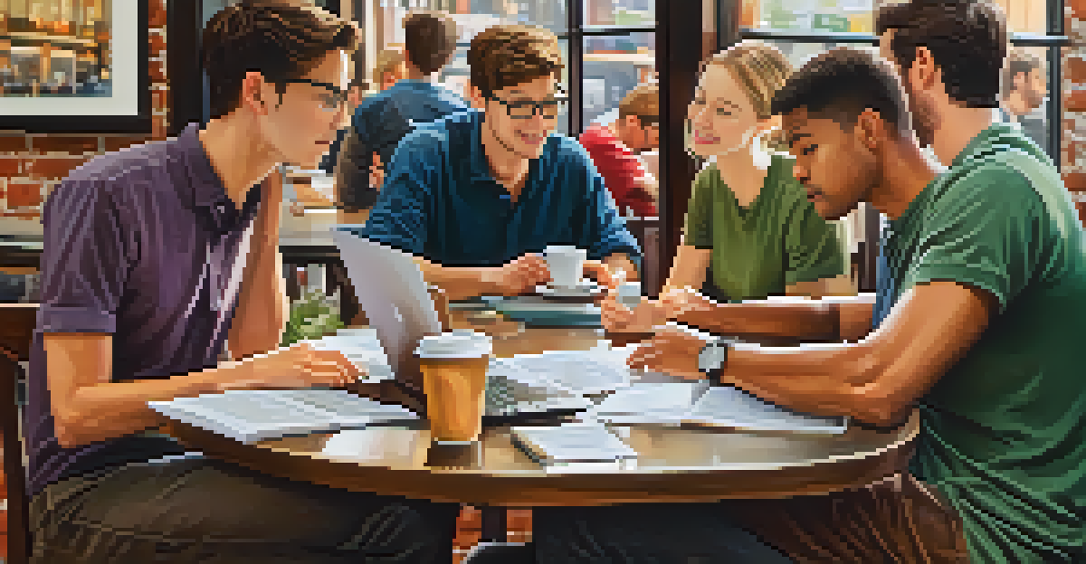A mentor reviewing a student's resume in a cozy coffee shop, with coffee cups and pastries visible on the table.