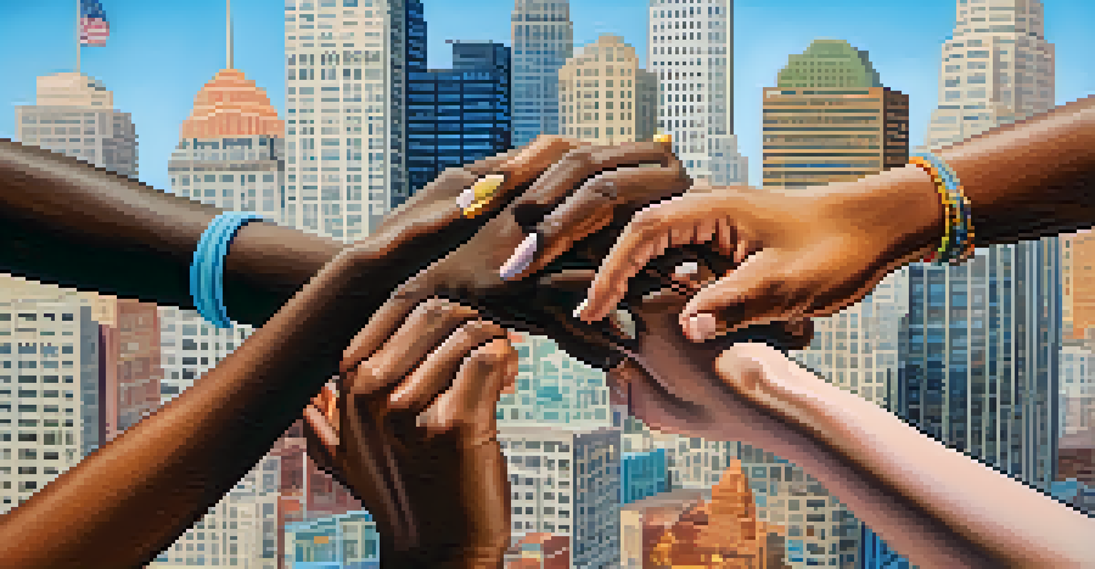 Close-up of diverse hands interlocking against a blurred Austin city skyline, symbolizing unity and collaboration in activism.