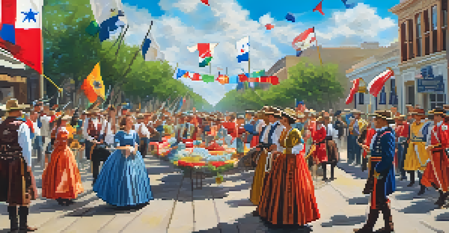 A festive parade celebrating the Battle of San Jacinto, with people in historical attire, colorful banners, and a joyful atmosphere in a Texas town.