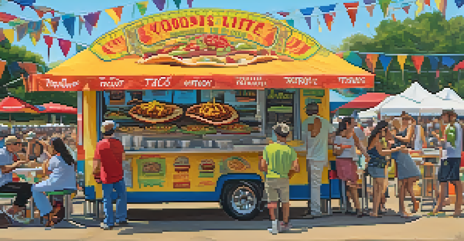 A close-up of a colorful taco stand at a music festival, with delicious tacos and festival-goers enjoying the food.