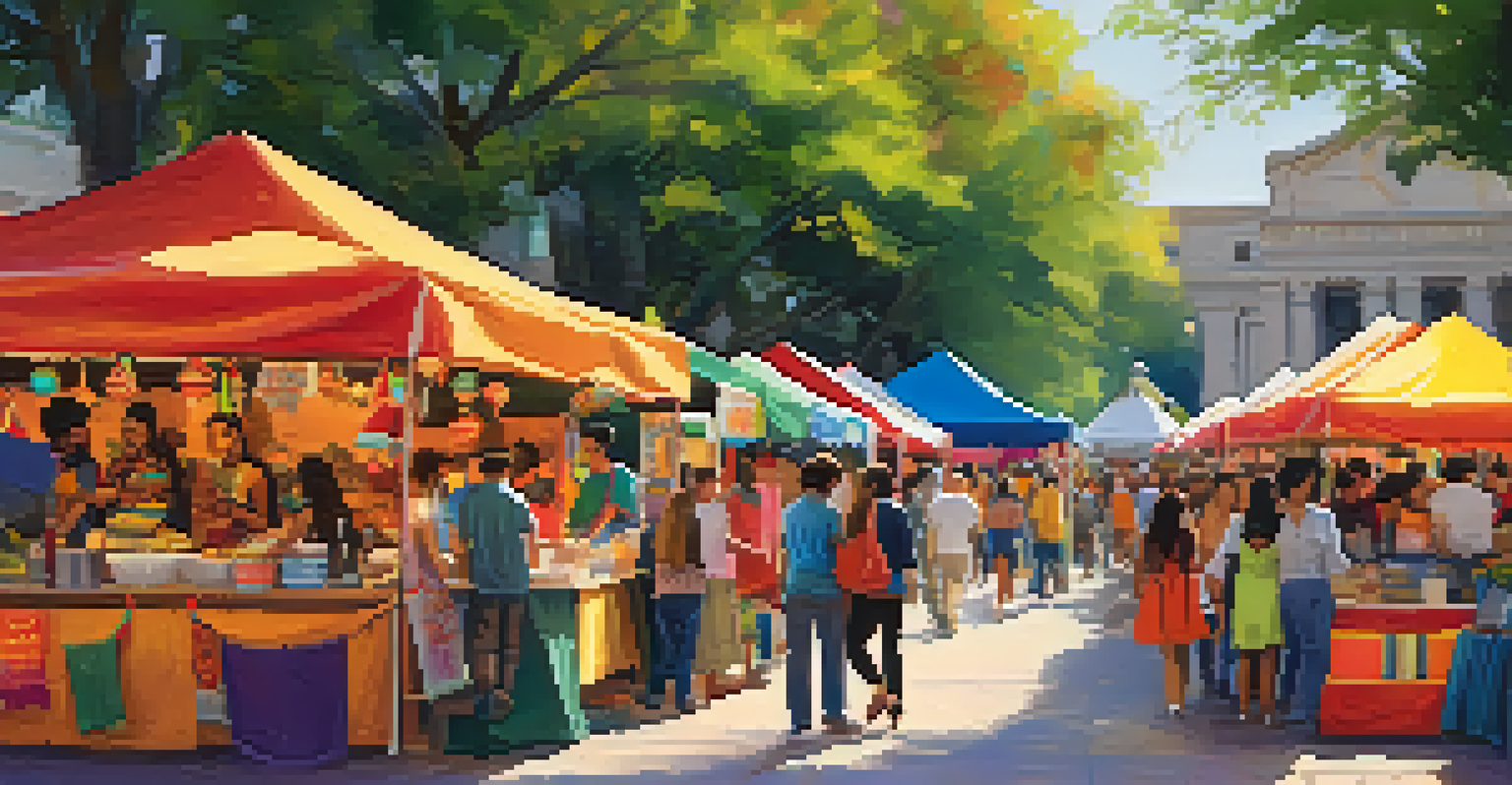 A vibrant cultural festival at UT Austin with colorful booths, diverse cuisines, and lively performances, capturing the spirit of cultural exchange.