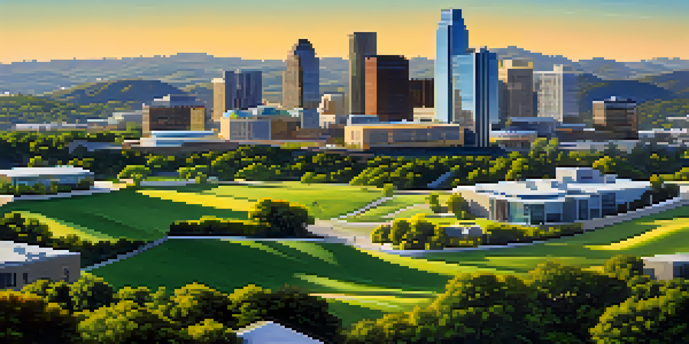 A scenic view of Silicon Hills in Austin, Texas, with rolling hills and modern tech buildings under a clear blue sky.