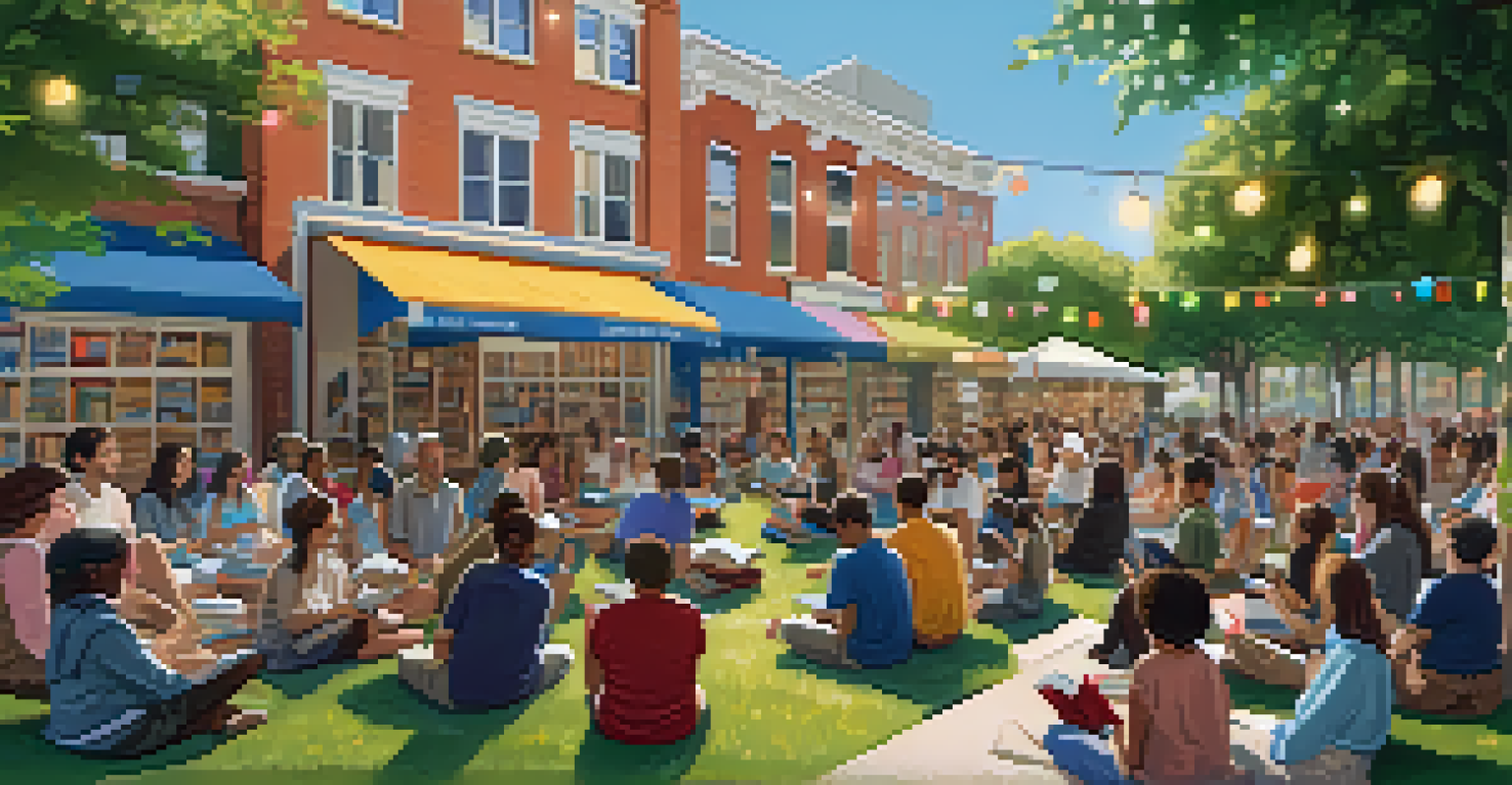 A lively outdoor bookstore event with people listening to an author reading, surrounded by greenery and colorful decorations.