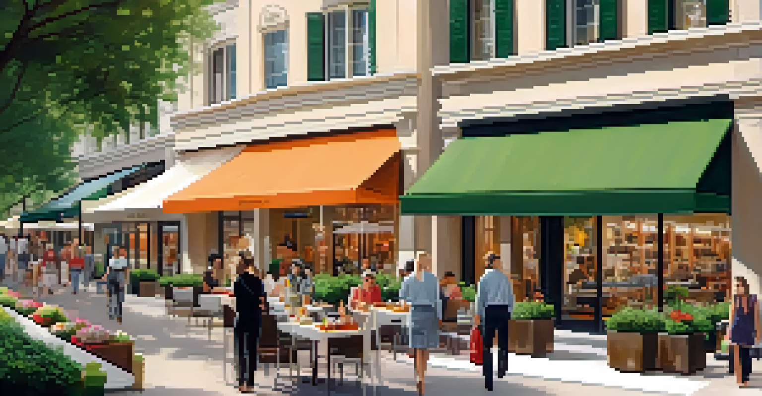 A bustling outdoor shopping area at The Domain, with luxury boutiques, shoppers, and a café, surrounded by greenery.