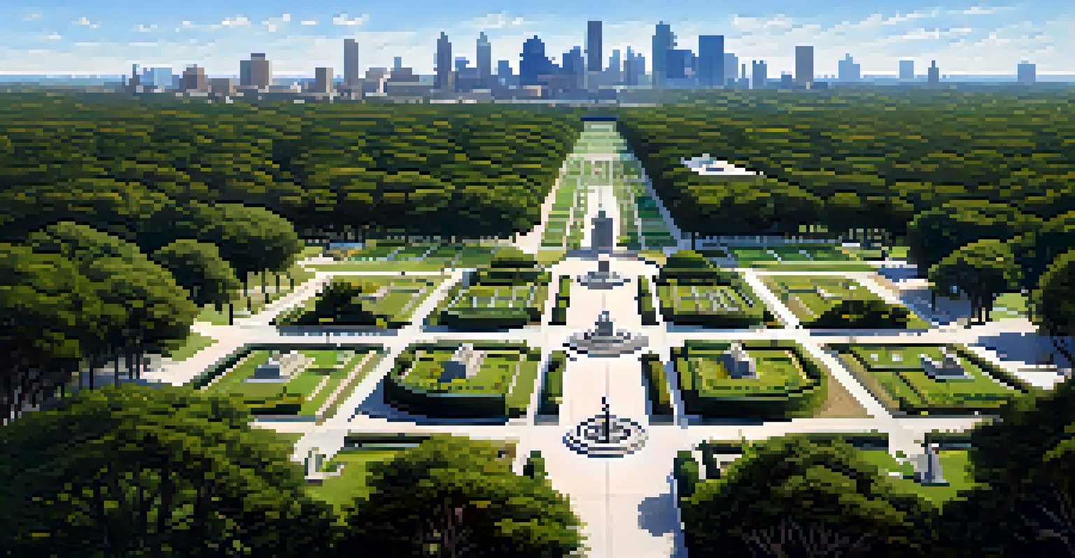 Aerial view of the Texas State Cemetery featuring organized graves, lush greenery, and the Austin skyline in the distance.
