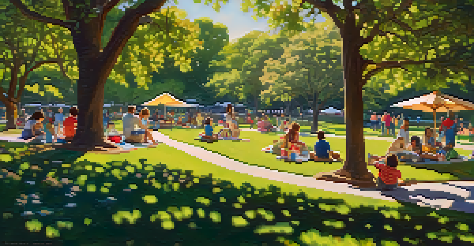 A sunny day at Zilker Park with families having a picnic on the grass, children playing, and colorful flowers in the garden.
