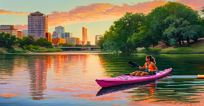 A scenic view of the Colorado River in Austin, Texas, with green parks and modern buildings under a sunset sky.