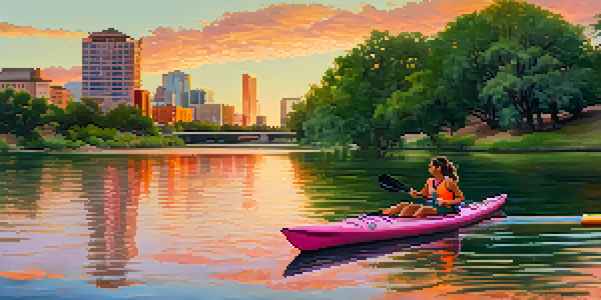 A scenic view of the Colorado River in Austin, Texas, with green parks and modern buildings under a sunset sky.