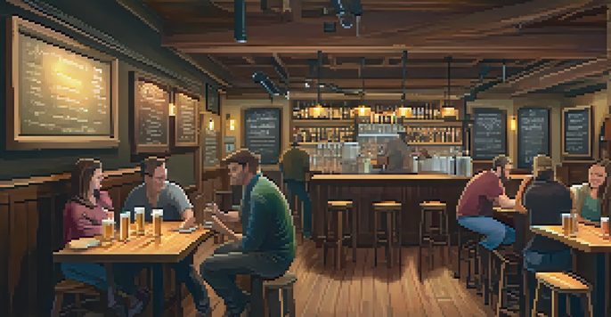 A warm and inviting interior of a microbrewery with patrons enjoying craft beer and a musician playing acoustic guitar.