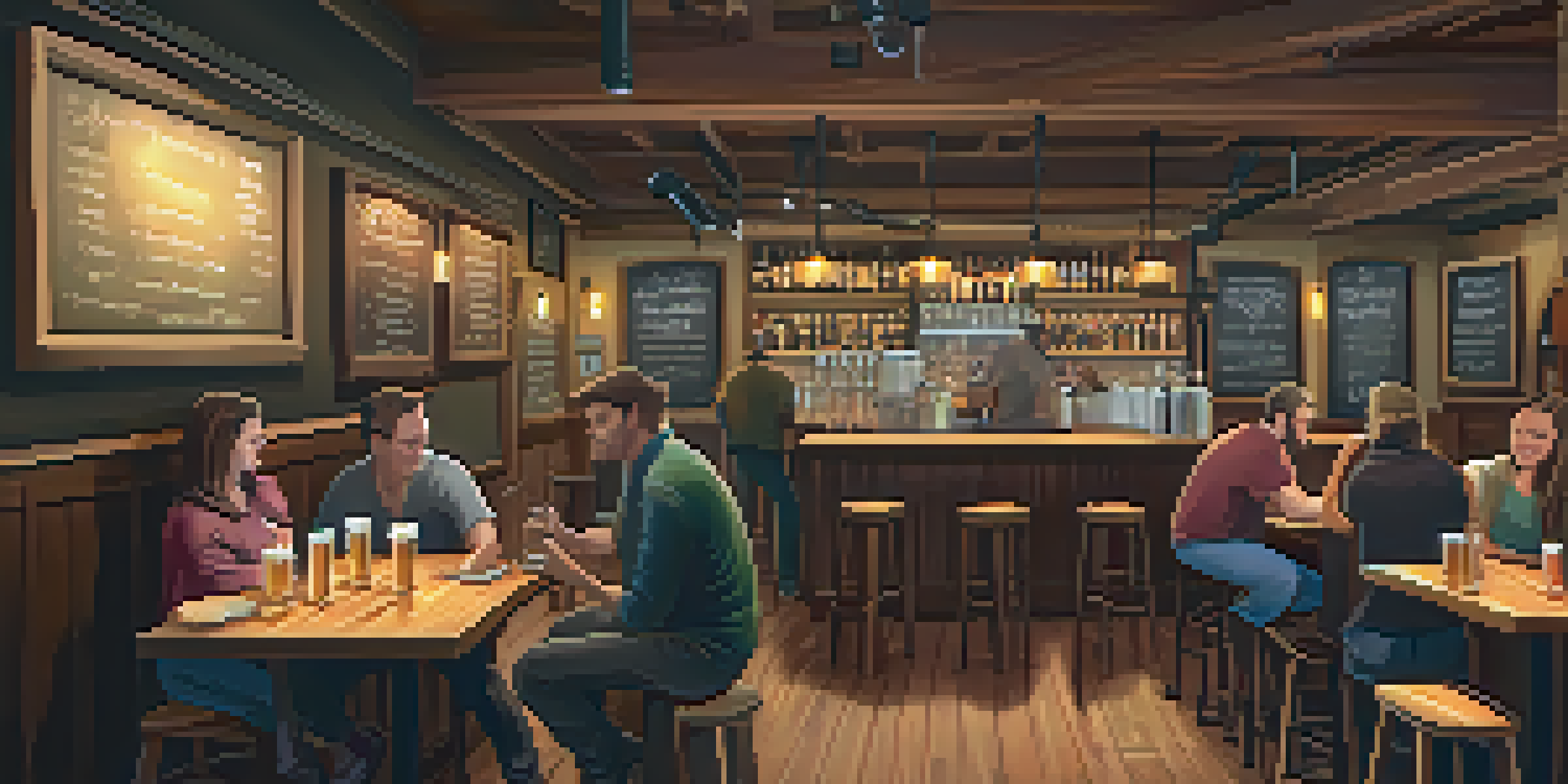 A warm and inviting interior of a microbrewery with patrons enjoying craft beer and a musician playing acoustic guitar.