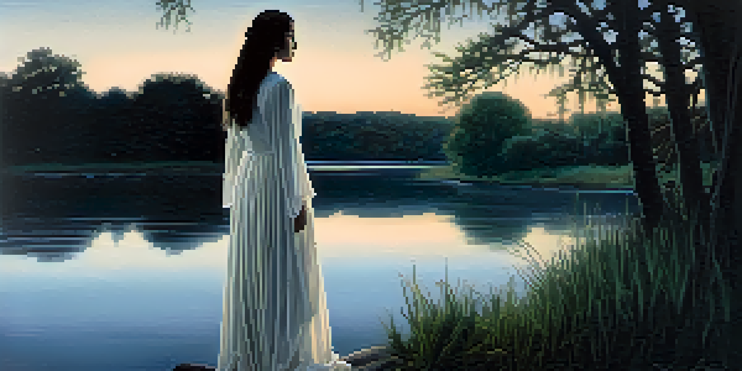 A ghostly figure of La Llorona in a white dress at a riverbank during twilight, surrounded by greenery and illuminated by soft moonlight.