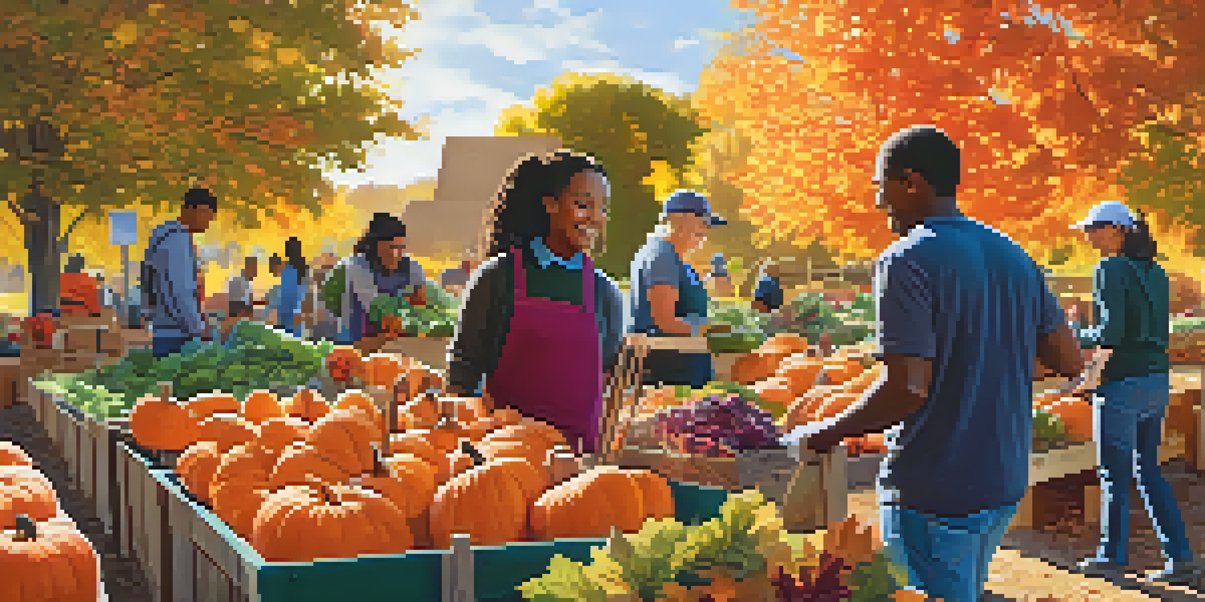 Volunteers of different backgrounds working in a community garden during autumn, surrounded by colorful fall leaves and pumpkins under warm sunlight.