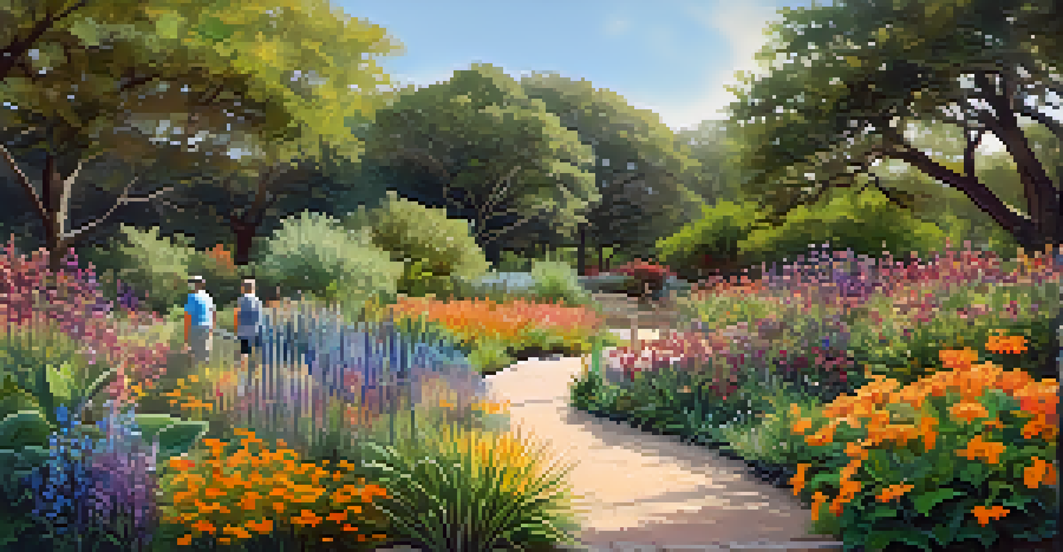 A lively view of Lady Bird Johnson Wildflower Center, showcasing blooming Texas native flowers and families enjoying the scenery.
