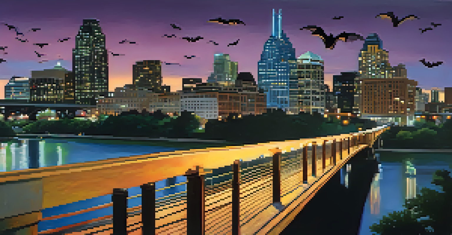 A view from South Congress Bridge showcasing the Austin skyline at dusk, with city lights glowing and bats flying out from under the bridge, and people capturing the moment.