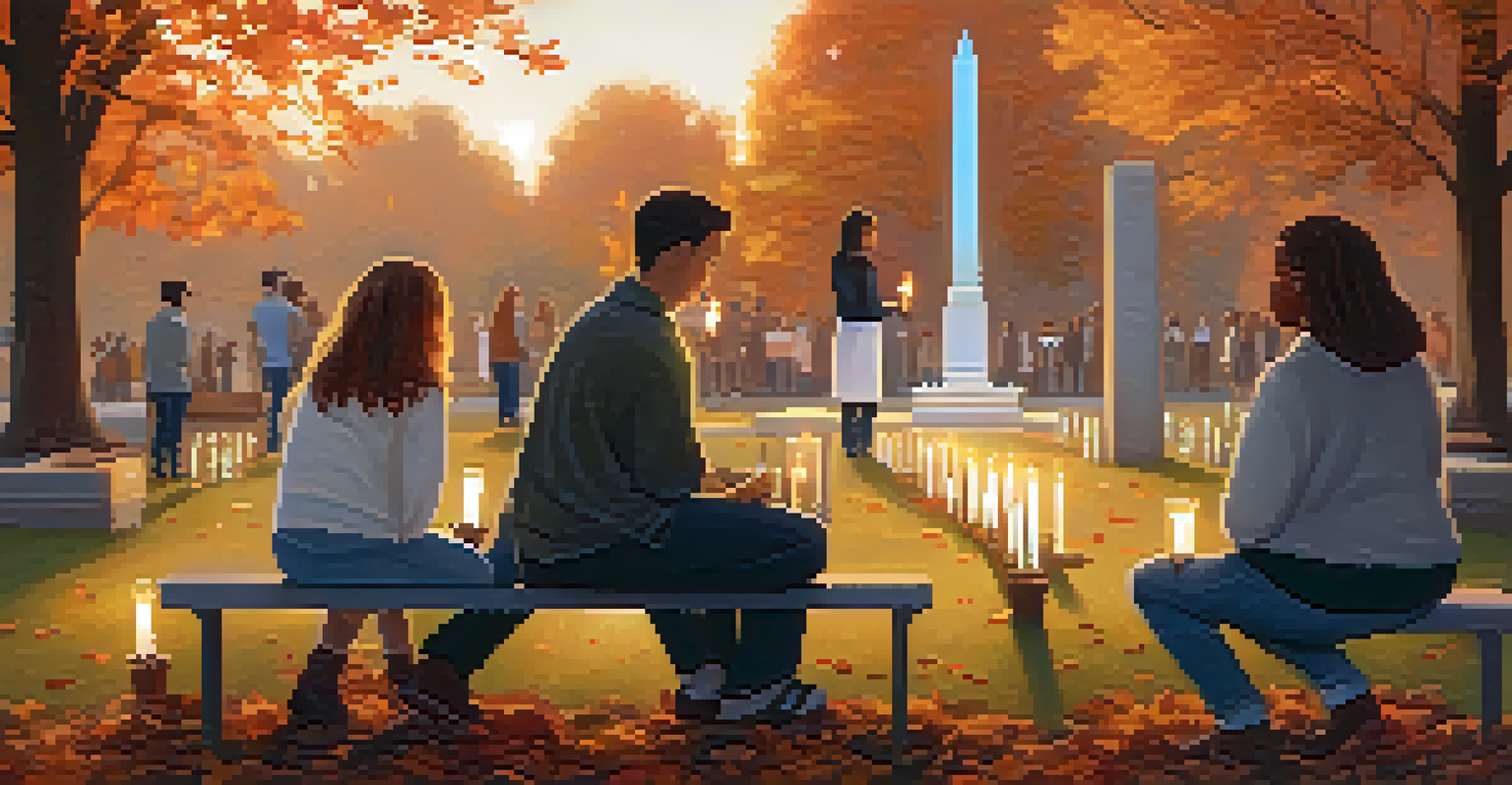 A peaceful park setting during the Transgender Day of Remembrance, with individuals holding candles in front of a memorial under soft evening light.