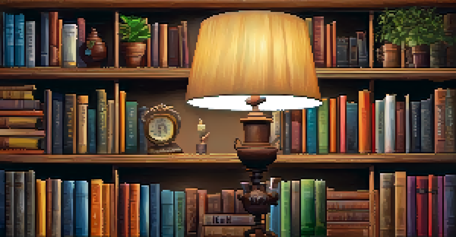 A diverse collection of colorful books on a rustic shelf with a plant and lamp, creating an inviting atmosphere.