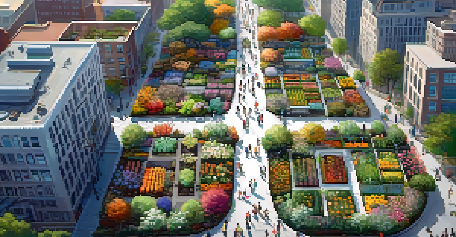 Aerial view of a vibrant community garden amidst urban buildings, showcasing colorful plants and active residents.