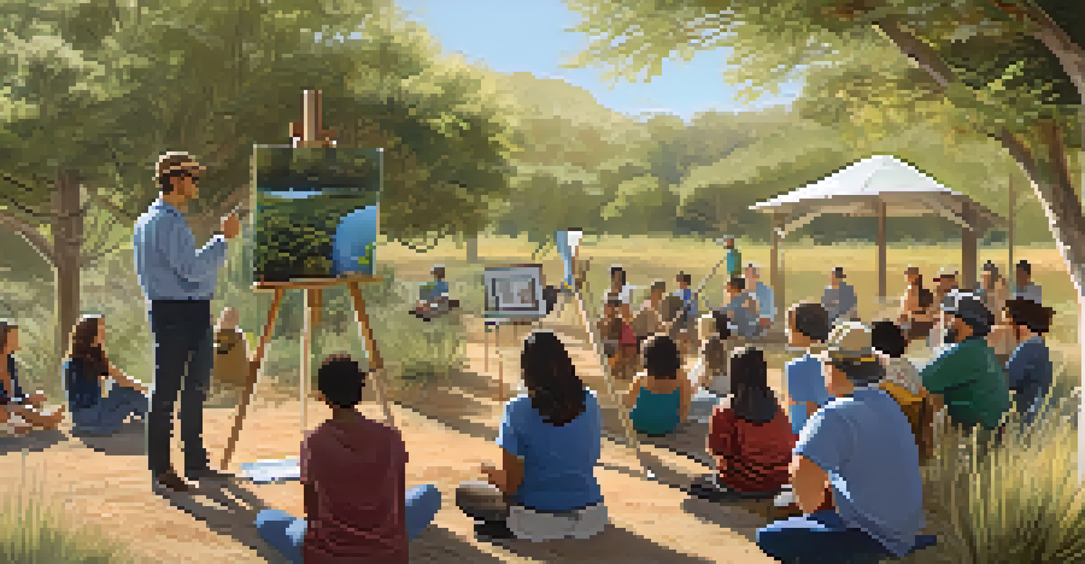 A local expert conducting an outdoor workshop on biodiversity, with community members engaged and illustrations of native plants around them in warm afternoon light.