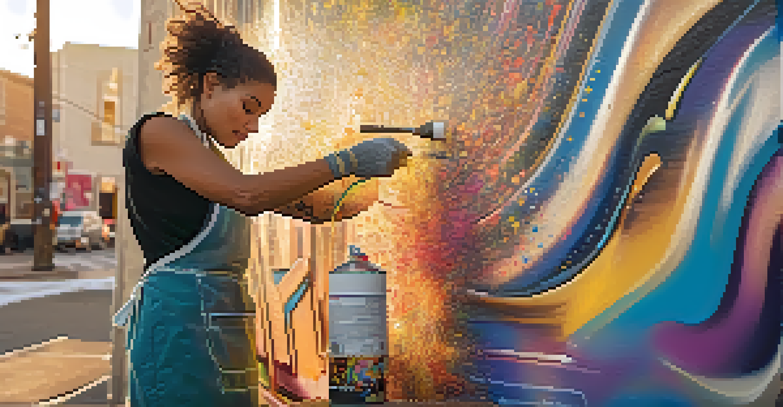 A street artist in an apron painting a large colorful mural on a city wall during golden hour.