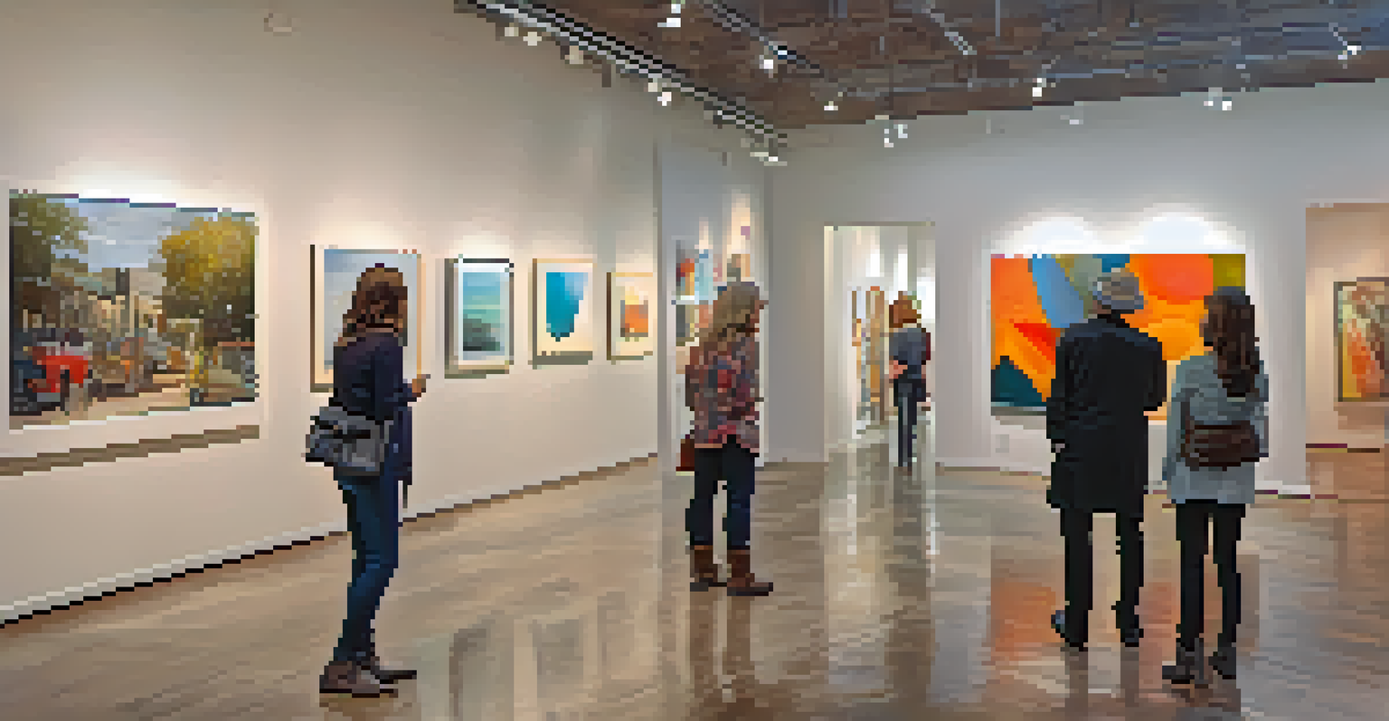 Inside a local gallery in Austin showcasing contemporary art, with warm lighting and visitors admiring the artworks.