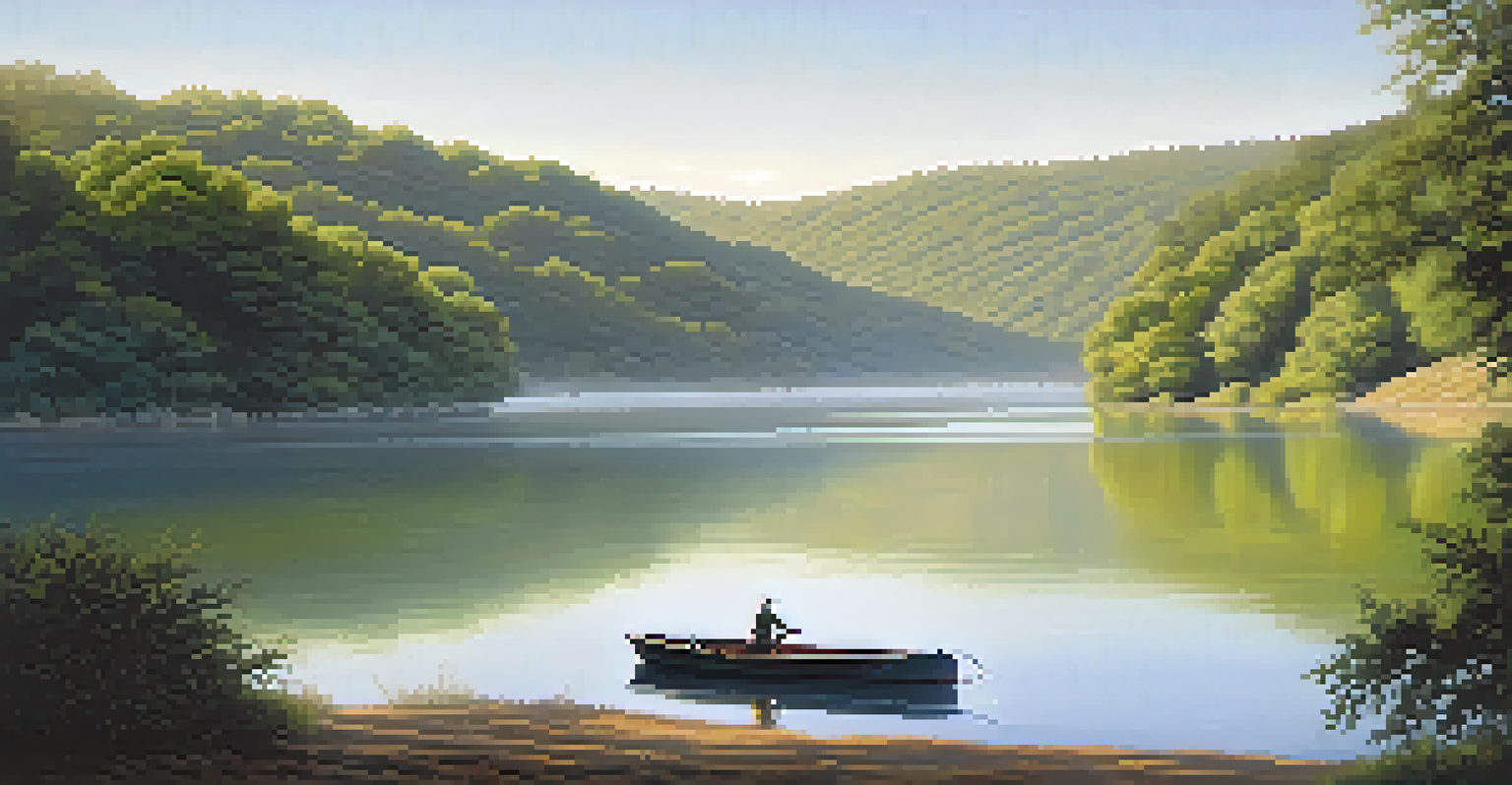 A calm morning at Lake Austin with a fisherman in a boat, surrounded by mist and lush greenery.
