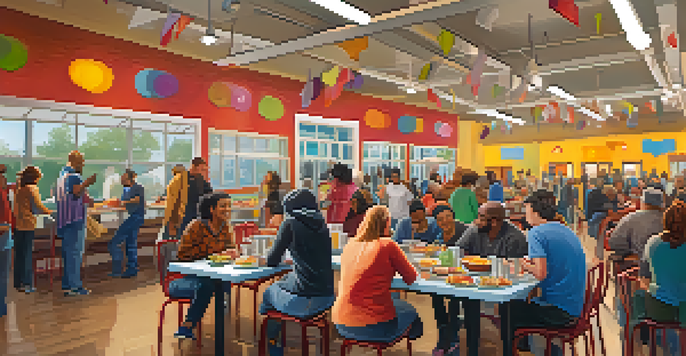 A lively community center where volunteers are serving meals to people experiencing homelessness, creating a warm and inviting atmosphere.