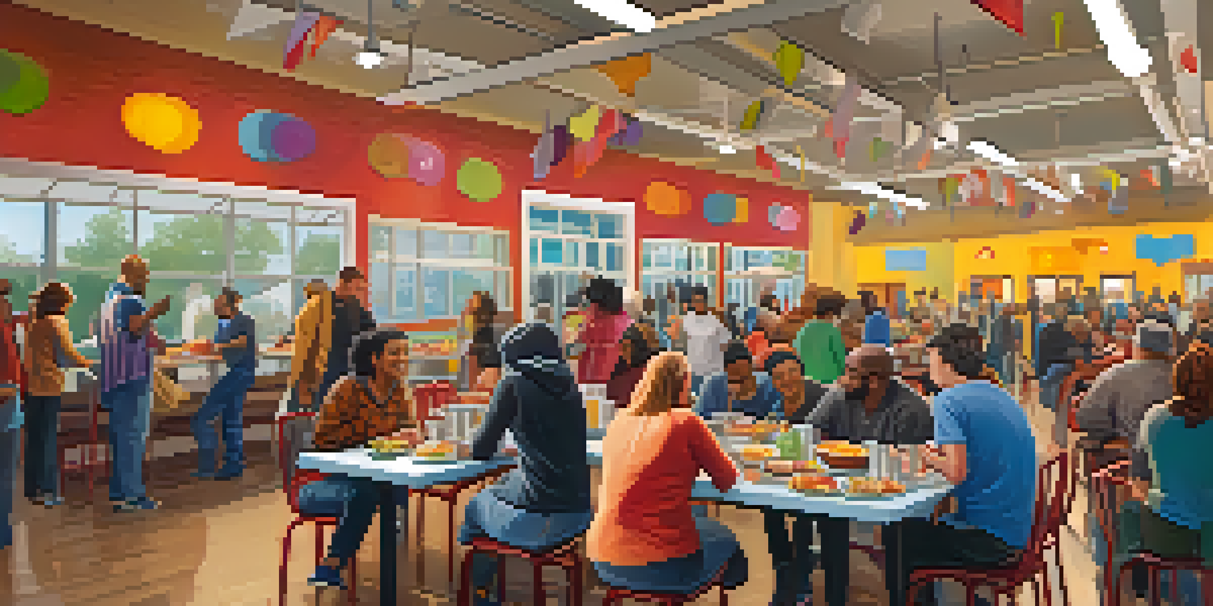 A lively community center where volunteers are serving meals to people experiencing homelessness, creating a warm and inviting atmosphere.