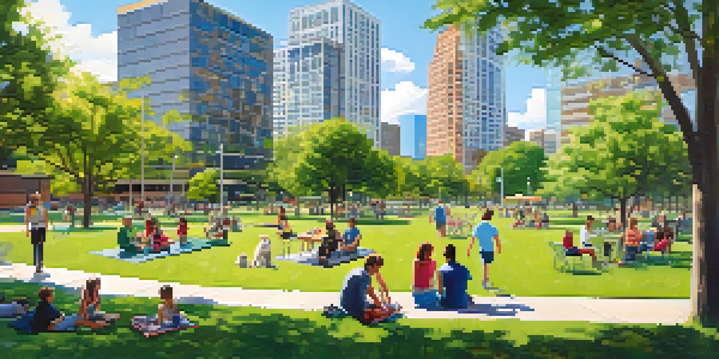 A lively urban park in Austin filled with families and children enjoying outdoor activities under a bright blue sky.