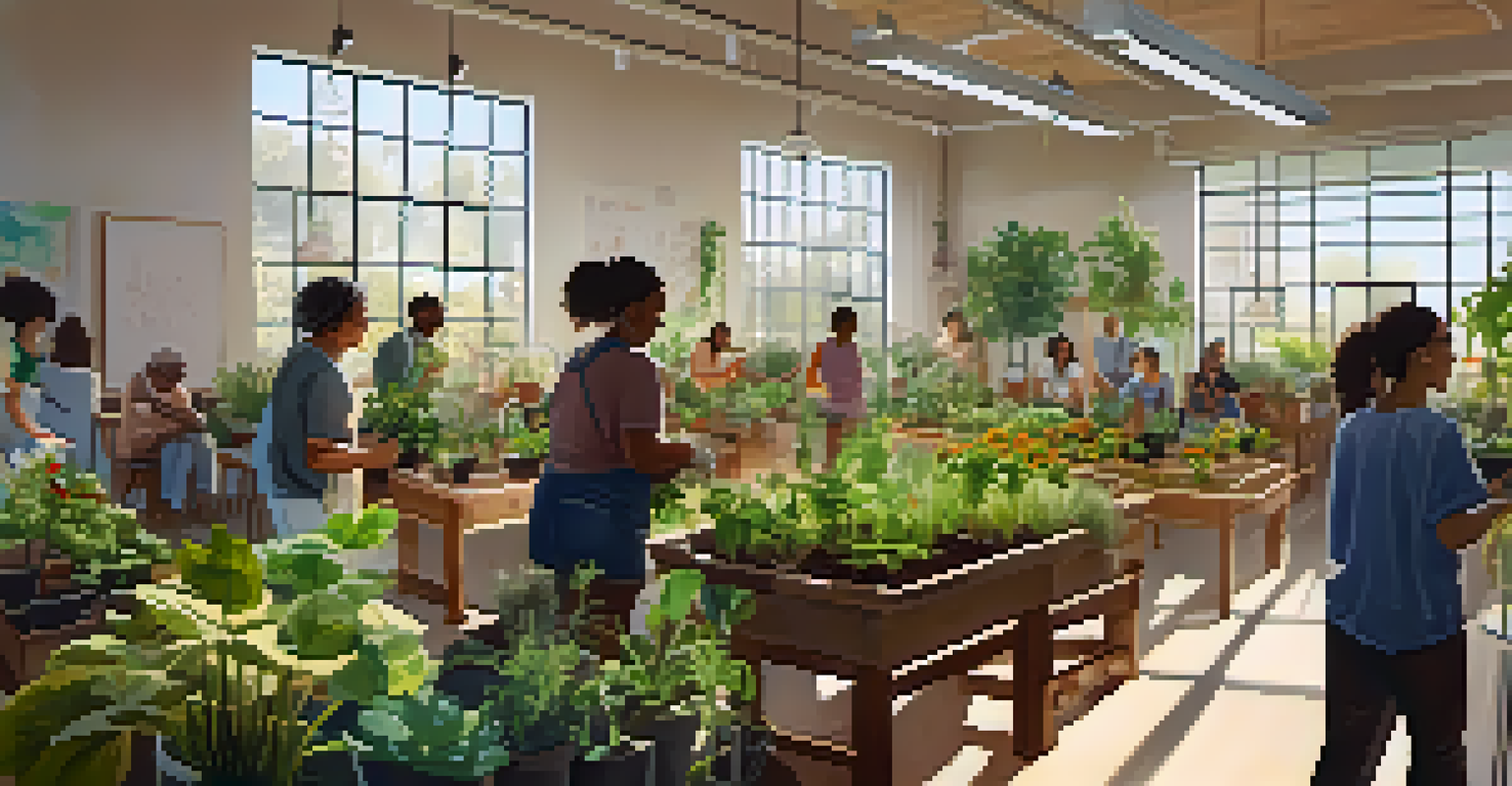 A bright indoor workshop with people of various ages learning about gardening, surrounded by plants and tools.