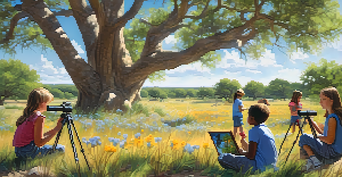 Children participating in a birdwatching activity in a colorful outdoor classroom, surrounded by wildflowers and trees.