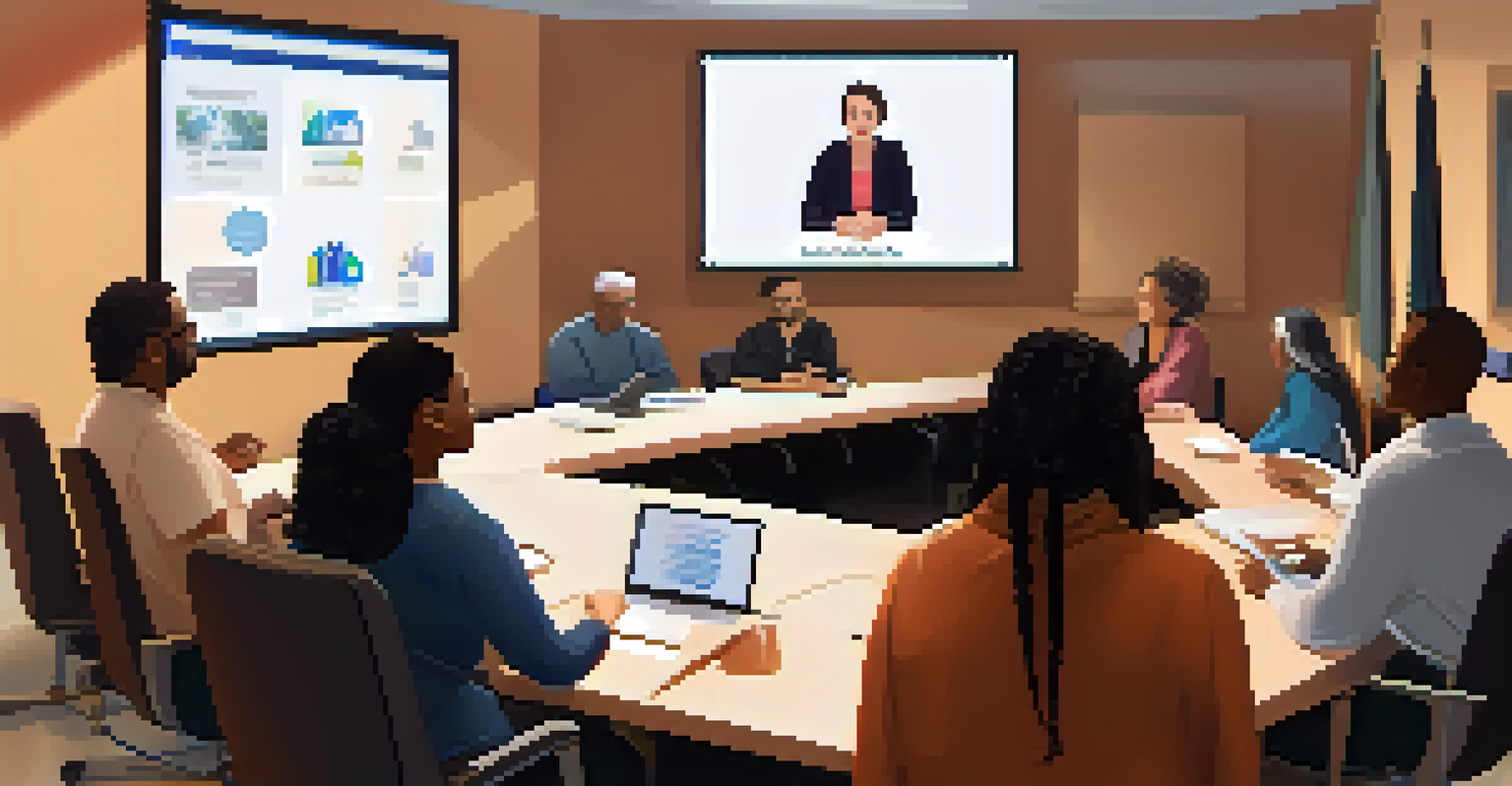 A virtual town hall meeting featuring diverse participants discussing health issues, with a moderator visible on a computer screen.