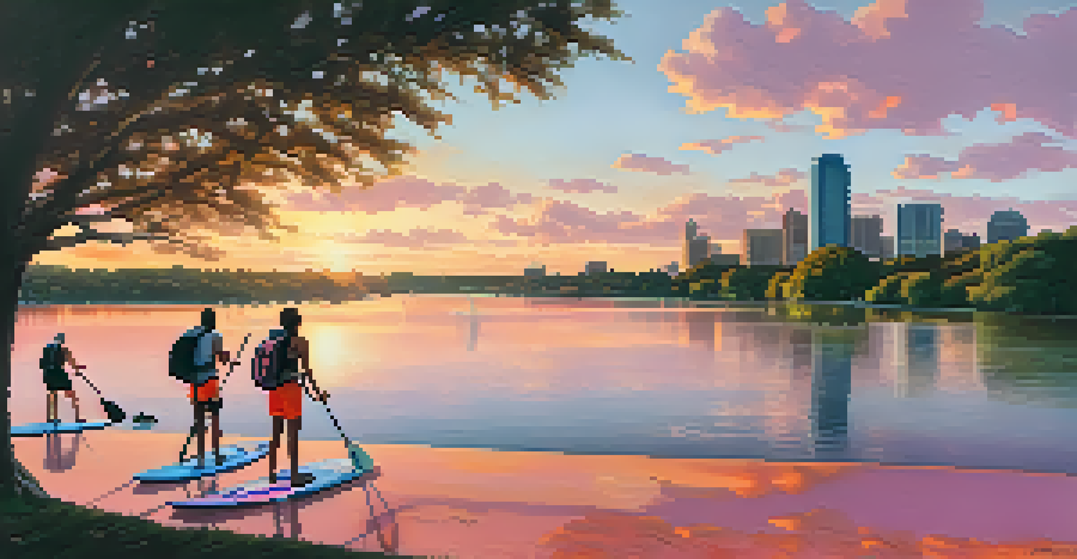A sunset view over Lady Bird Lake in Austin, showcasing paddleboarders and bikers with a city skyline backdrop.