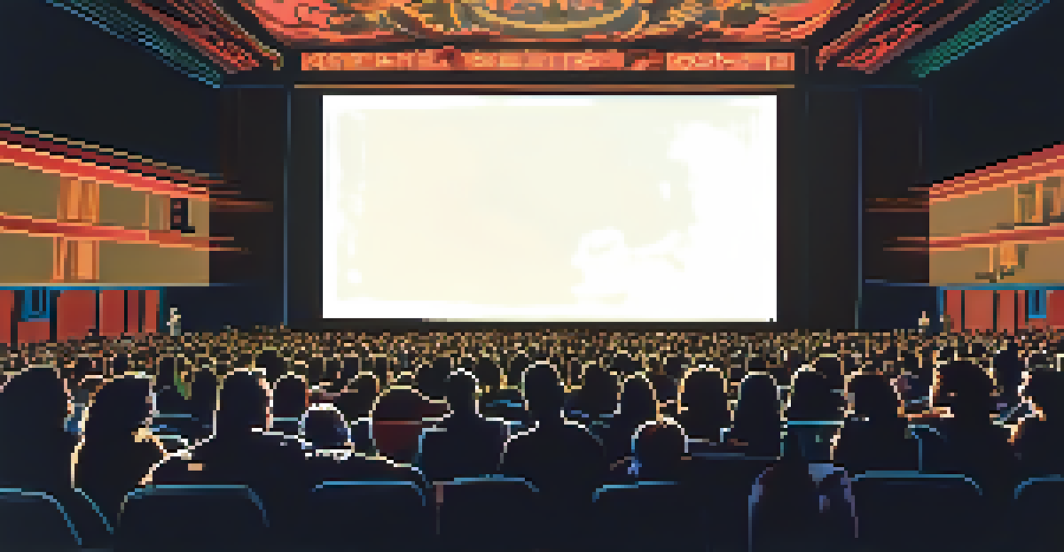 An audience watching a film in a dark theater at SXSW, with the glow of the movie screen lighting up their faces.