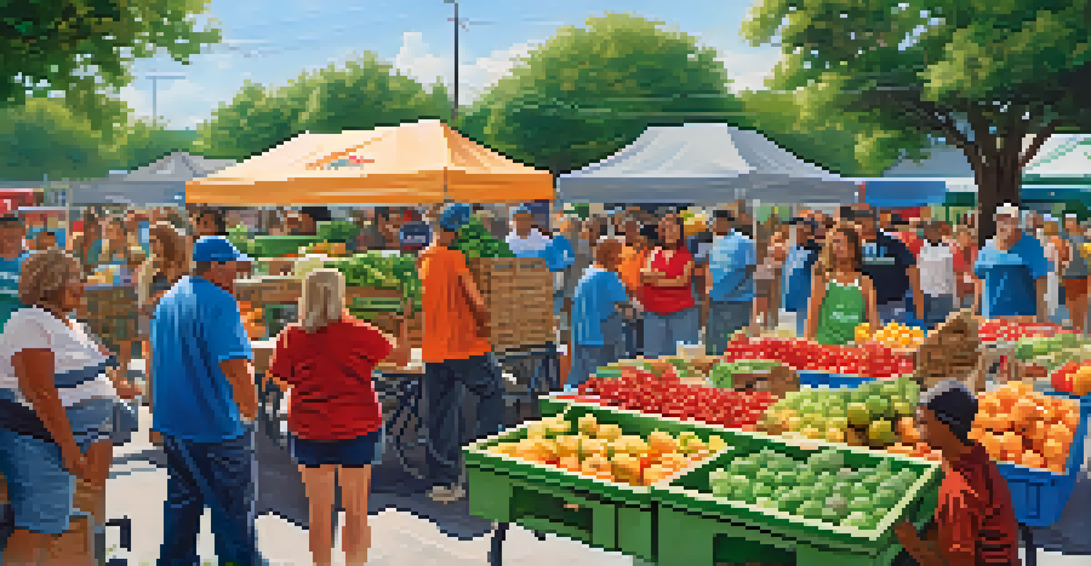 Volunteers distributing fresh produce at a mobile food pantry in a community park, with families expressing gratitude.