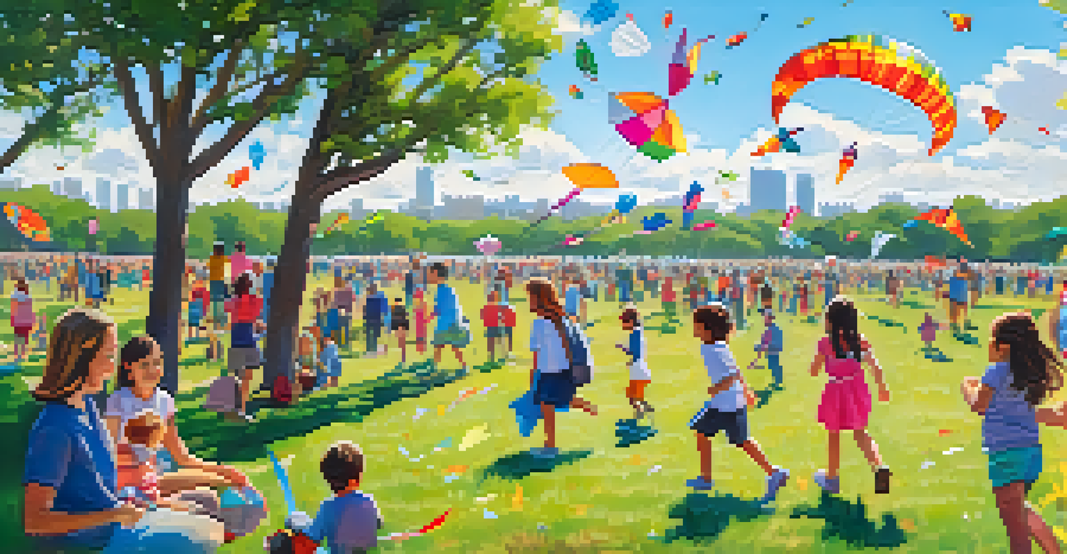 Families flying kites at the Zilker Kite Festival, with children participating in kite-making workshops in a sunny park.