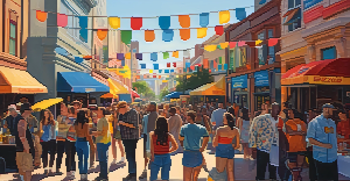 A lively street scene at the South by Southwest festival with people enjoying music, food trucks, and colorful banners under bright sunlight.