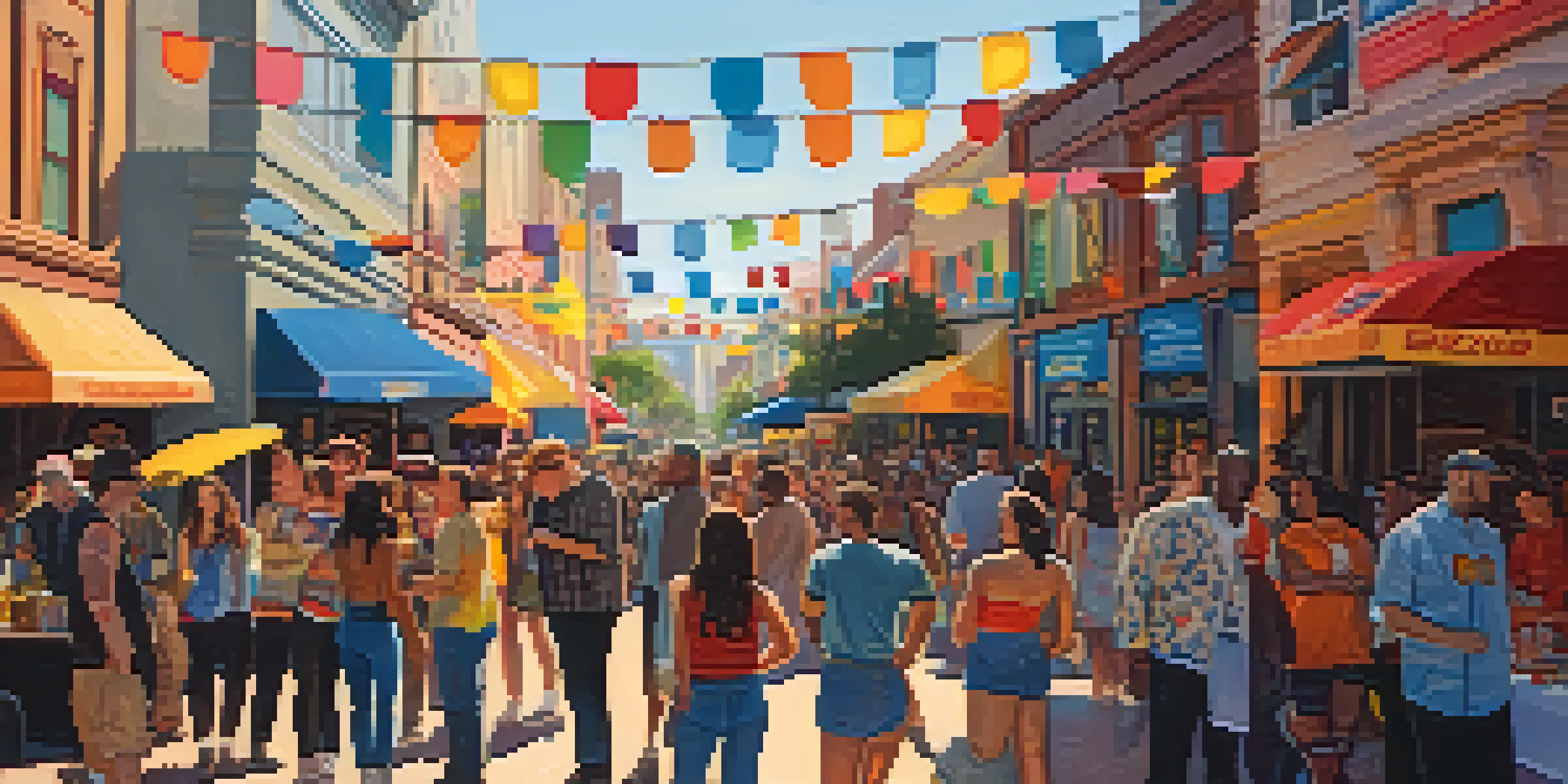 A lively street scene at the South by Southwest festival with people enjoying music, food trucks, and colorful banners under bright sunlight.