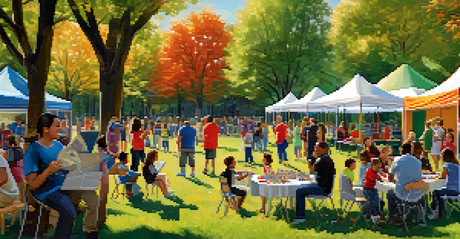 A vibrant community engagement event in a park, featuring families and educators at educational workshops with colorful banners and children playing nearby.