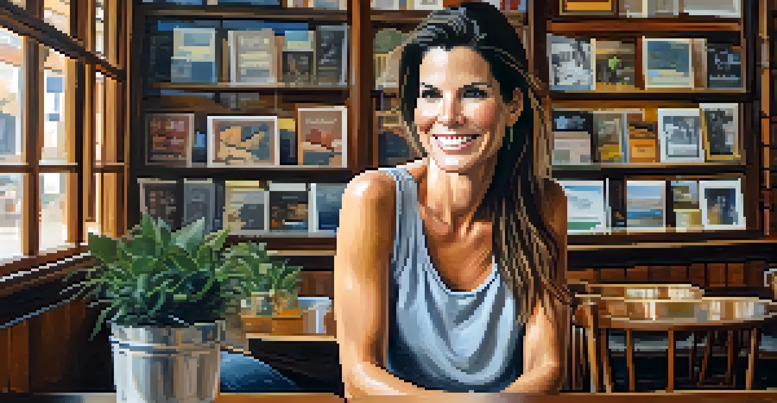 A portrait of Sandra Bullock in a cozy café, smiling with books and art around her.