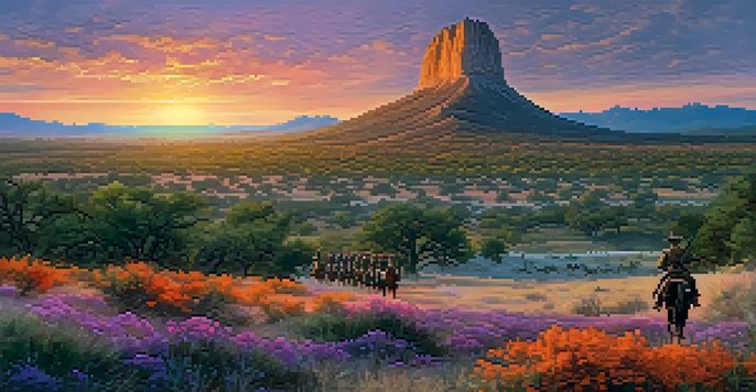 A sunset landscape of the San Jacinto Battleground featuring a tall monument and people in historical costumes reenacting scenes from the battle.